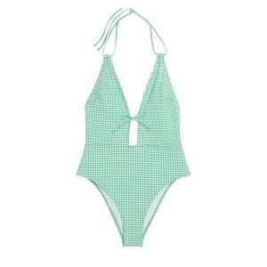Victoria's Secret Green Checkered Tie-Front Plunge One Piece Swimsuit